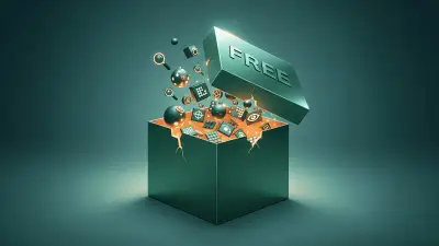 Abstract 3D 'free' box with suspicious icons popping out, hinting at hidden costs of free VPNs.
