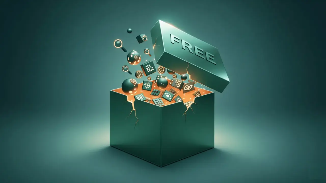 Abstract 3D 'free' box with suspicious icons popping out, hinting at hidden costs of free VPNs.