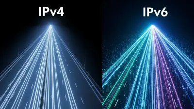 Side-by-side comparison of IPv4 and IPv6 address formats with connectivity symbols.