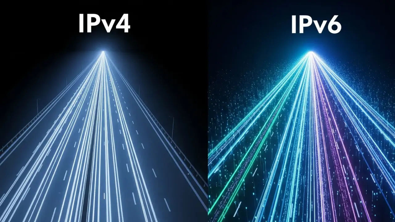 Side-by-side comparison of IPv4 and IPv6 address formats with connectivity symbols.